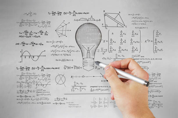 istock Hand drawing abstract lamp sketch with mathematical formulas on concrete wall background. Intelligence, idea, solution, science and innovation concept. 1345498718
