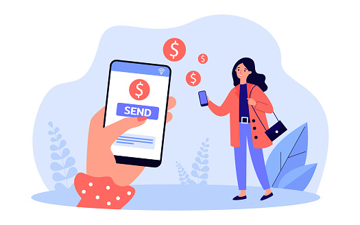 Female hand sending money to woman online. Person using mobile app for financial transaction flat vector illustration. Money transfer service concept for banner, website design or landing web page