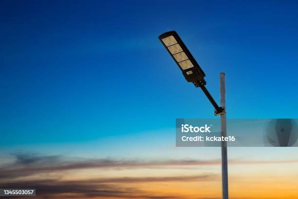 A Modern Street Led Lighting Pole Urban Electroenergy Technologies Poles On The Road With Led Light Outdoor Lighting Strong Led Lamp Stock Photo - Download Image Now