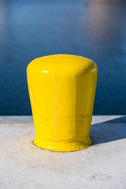 Yellow bollard on the quayside. With copy space. Shot with a 35-mm full-frame 61MP Sony A7R IV.