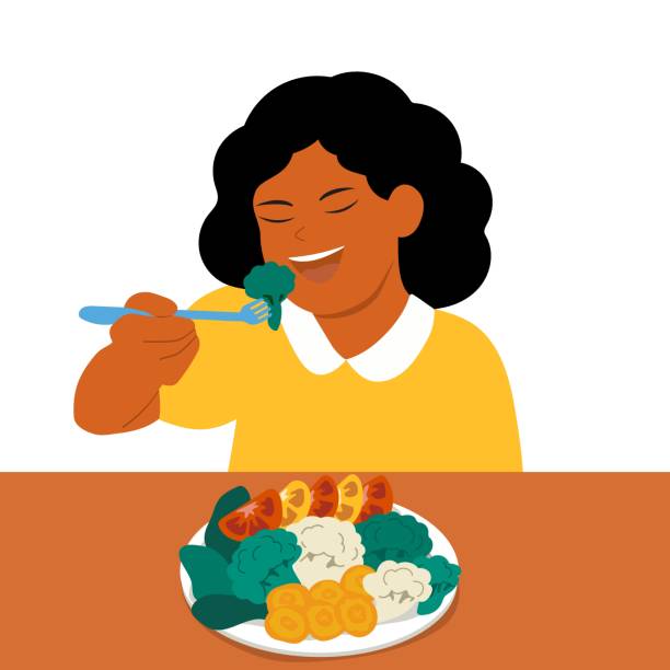ilustrações de stock, clip art, desenhos animados e ícones de happy girl eating vegetables. healthy food. kids menu. vector illustration in cartoon flat style. - vegetables table