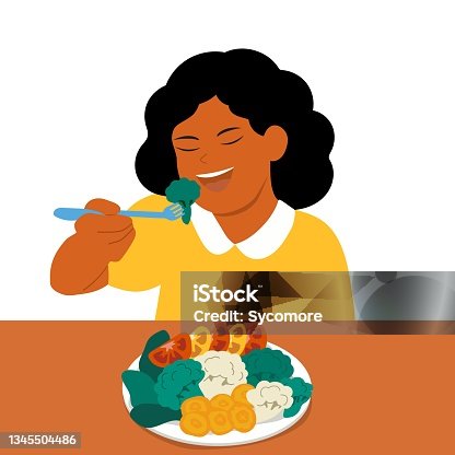 istock Happy girl eating vegetables. Healthy food. Kids Menu. Vector illustration in cartoon flat style. 1345504486