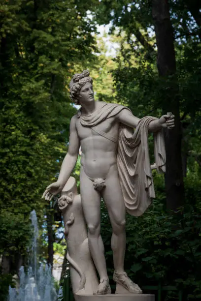 Marble statue of Apollo Belvedere in Summer Garden, Saint Petersburg, Russia