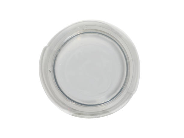 istock Transparent plastic bottle for juices and milk with a wide neck. Open, empty on a white background, top view 1345507120