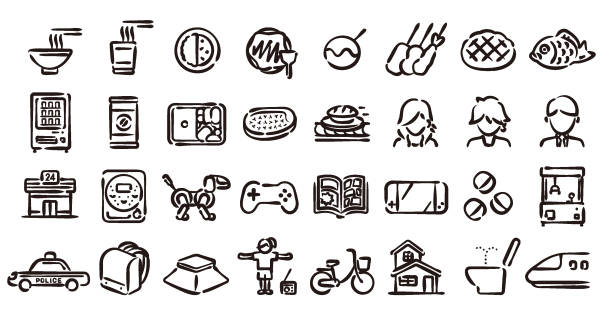 Japanese Modern Culture Icon Set (Hand draw version) This is a set of Japanese modern culture icons. This is a set of simple icons that can be used for website decorations, user interfaces, advertising works, and other digital illustrations. pachinko machine stock illustrations