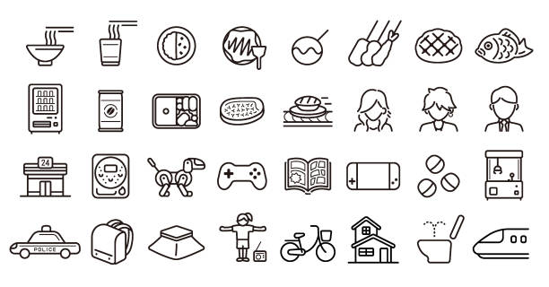 Japanese Modern Culture Icon Set (Thin Line Version) This is a set of Japanese modern culture icons. This is a set of simple icons that can be used for website decorations, user interfaces, advertising works, and other digital illustrations. pachinko machine stock illustrations