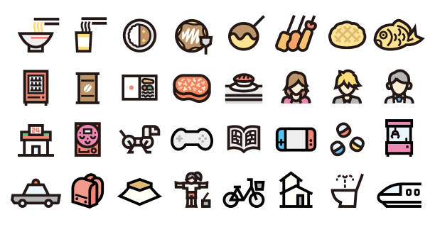 Japanese Modern Culture Icon Set (Bold outline Color version) This is a set of Japanese modern culture icons. This is a set of simple icons that can be used for website decorations, user interfaces, advertising works, and other digital illustrations. pachinko machine stock illustrations