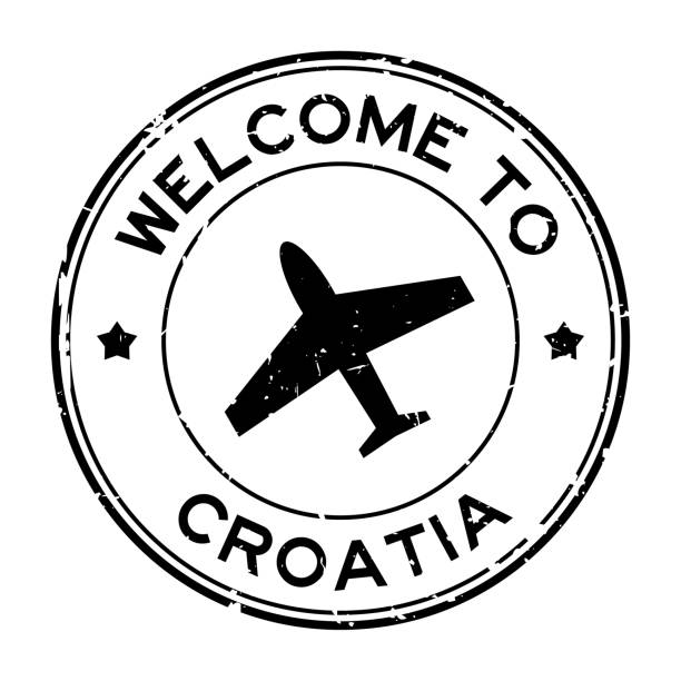 illustrazioni stock, clip art, cartoni animati e icone di tendenza di grunge nero benvenuto in croazia parola con icona dell'aeroplano timbro rotondo di sigillo di gomma su sfondo bianco - croazia