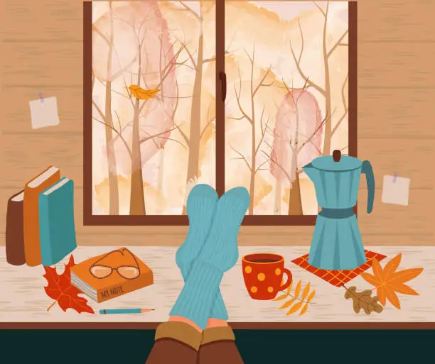 Vector illustration of Feet in knitted socks are lying on the table. Outside the window is an autumn landscape. Coffee maker, books, glasses, color leaves and a mug of coffee on the table