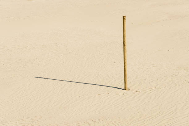 Wooden pole in the sand on the beach. With copy space. Shot with a 35-mm full-frame 61MP Sony A7R IV.