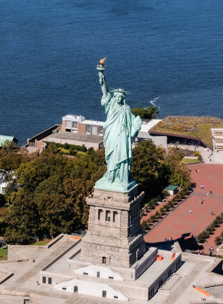 Aerial photography over Statue of Liberty stock photo