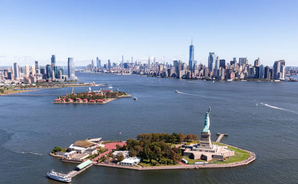 Aerial photography over Statue of Liberty stock photo