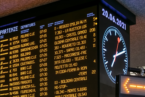 Naples, Italy - June 20, 2021: Electronic scoreboard with the timetables of trains passing through the railway station.