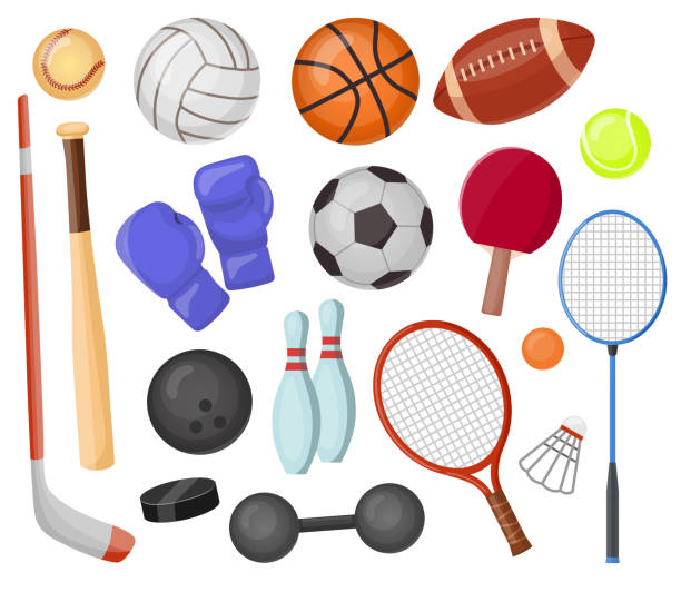 ilustrações de stock, clip art, desenhos animados e ícones de sport equipment cartoon vector set - racket tennis professional sport ball