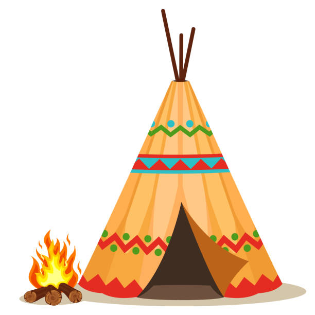 illustrations, cliparts, dessins animés et icônes de wigwam indien avec un feu de joie en gros plan sur un blanc. - wigwam