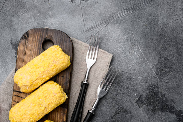 istock Breaded chicken cutlet, on gray stone table background, top view flat lay, with copy space for text 1345513410