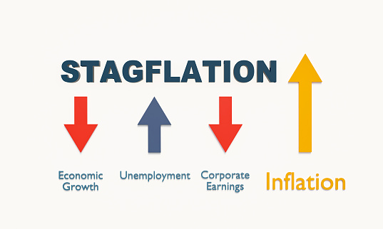 Concepto de estanflación. Flechas hacia abajo para la economía disminuye, las ganancias caen y flechas hacia arriba para el aumento del desempleo durante el aumento constante de la inflación. Ilustración 3D. photo
