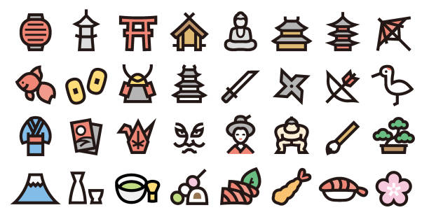 日本伝統文化アイコンセット (太字のアウトライン カラーバージョン) - 歌舞伎点のイラスト素材／クリップアート素材／マンガ素材／アイコン素材