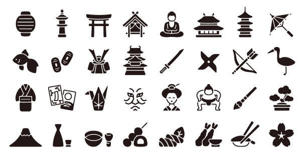 일본 전통 문화 아이콘 세트(플랫 실루엣 버전) - pagoda stock illustrations