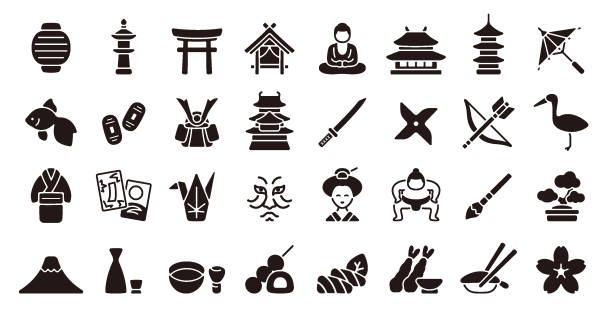 japanese traditional culture icon set (flat silhouette version) - japonya stock illustrations