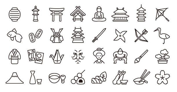 ilustraciones, imágenes clip art, dibujos animados e iconos de stock de conjunto de iconos de la cultura tradicional japonesa (versión de línea delgada) - kabuki