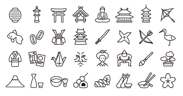 ilustrações, clipart, desenhos animados e ícones de conjunto de ícones da cultura tradicional japonesa (versão de linha fina) - kabuki