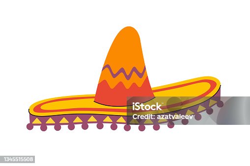 istock Traditional mexican wide brimmed sombrero hat. Mexico national hand drawn headdress. Vector illustration isolated on white background 1345515508