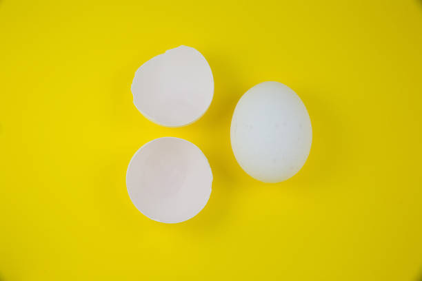 istock White egg and eggshell on the yellow background. Copy space. Minimalism, original and creative photo. Beautiful wallpaper. Easter holidays. 1345515573