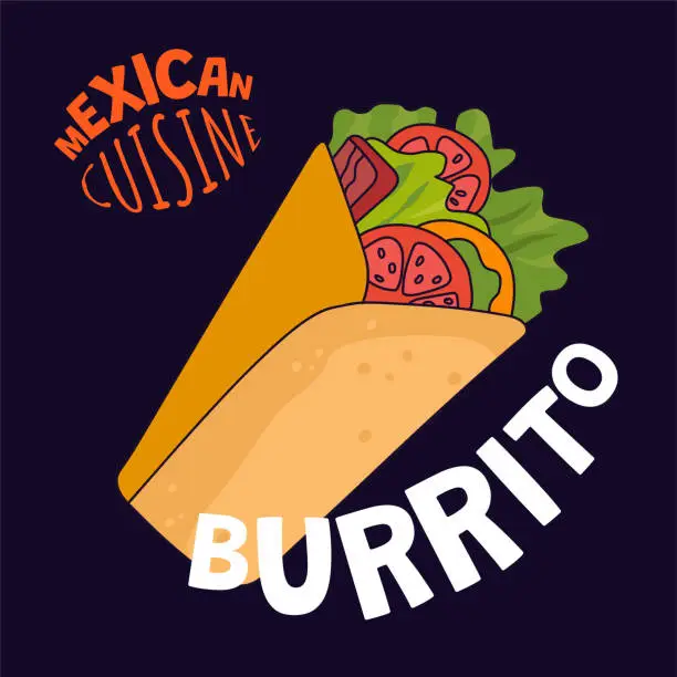 Vector illustration of Mexican burrito poster. Mexico fast food eatery, cafe or restaurant advertising banner. Latin american cuisine flyer wrapped sandwich. Traditional dish in corn tortilla vector illustration