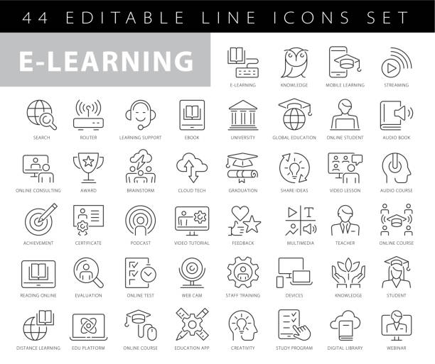 ilustraciones, imágenes clip art, dibujos animados e iconos de stock de conjunto de iconos de línea de educación en el hogar y aprendizaje electrónico con trazo editable - clase de formación