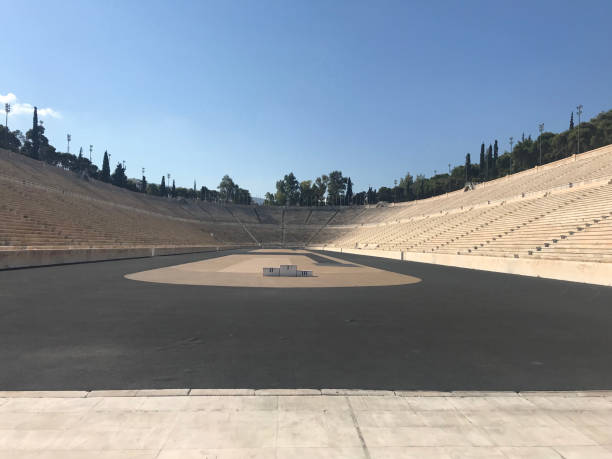 panathenaic stadium in athens, greece - bleachers olympic stadium architecture blue imagens e fotografias de stock