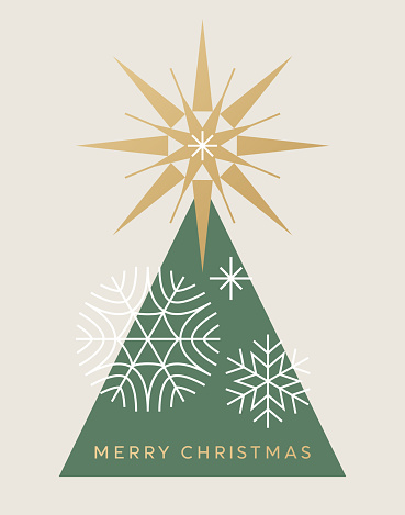 Modern Christmas card with stylized Christmas tree and snowflakes. Scandinavian style Holiday background with stylized snowflakes and Christmas star and tree.
