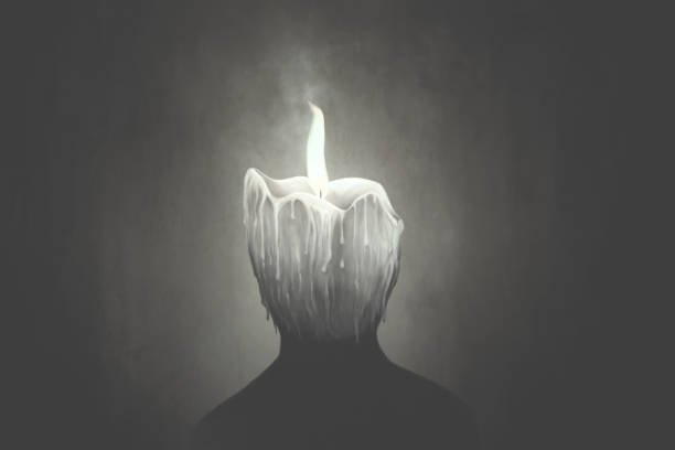 istock Illustration of candle wax human head melting, surreal abstract concept 1345518364