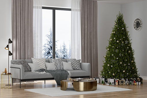 Christmas interior design, living room with fireplace in white tones, decorated tree and panoramic windows on winter landscape. New year party, contemporary style