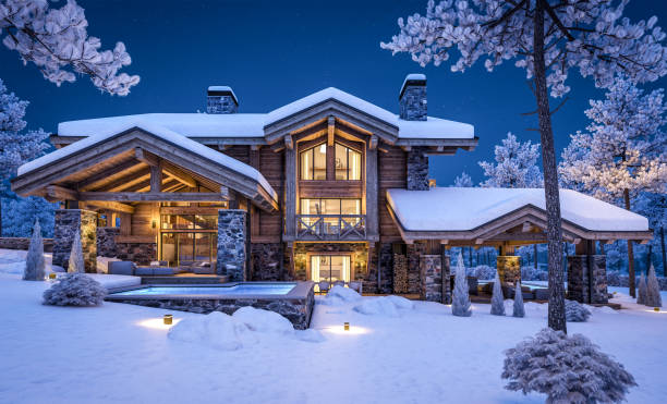 istock 3d rendering of modern cozy chalet in winter night 1345520569