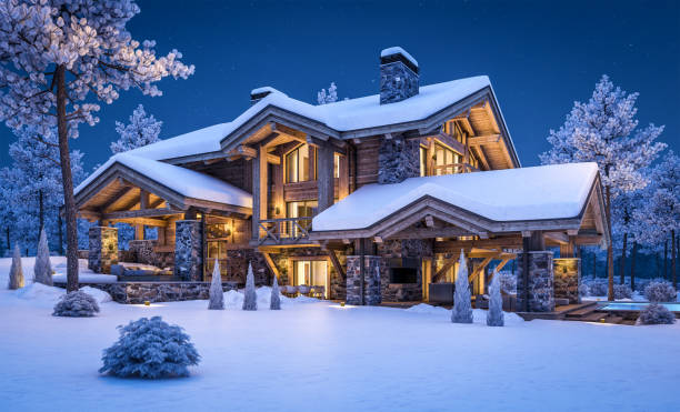 istock 3d rendering of modern cozy chalet in winter night 1345520612