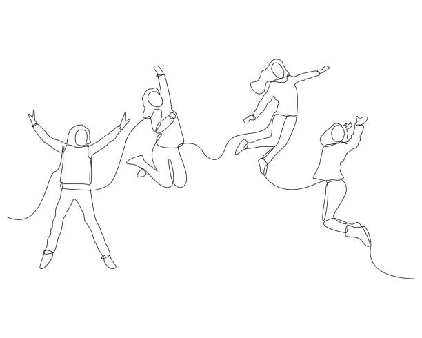 one line continuous jumping girls one line continuous jumping girls. concept of lifestyle, joyful mood, funny kids, flying teenagers, cheerful freedom-loving students. simple design, black linear sign isolated on white background doodle stock illustrations