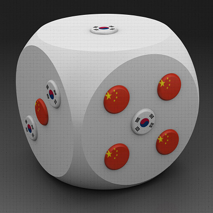 3d render. White dice isolated on black background.