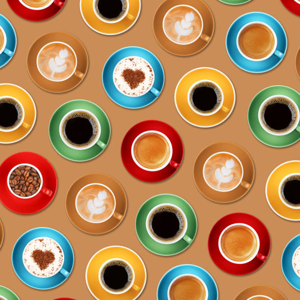 pattern of different coffee cups over beige - coffee cup isolated cappuccino multi colored imagens e fotografias de stock