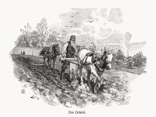 leo tolstoi pflügen, holzstich, erschienen 1900 - engraving rural scene engraved image men stock-grafiken, -clipart, -cartoons und -symbole