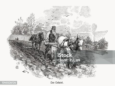 istock Leo Tolstoy plowing, wood engraving, published in 1900 1345526126