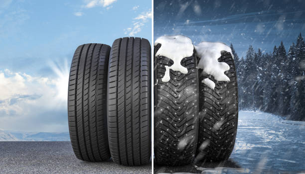 istock summer and winter car tires. 1345526377