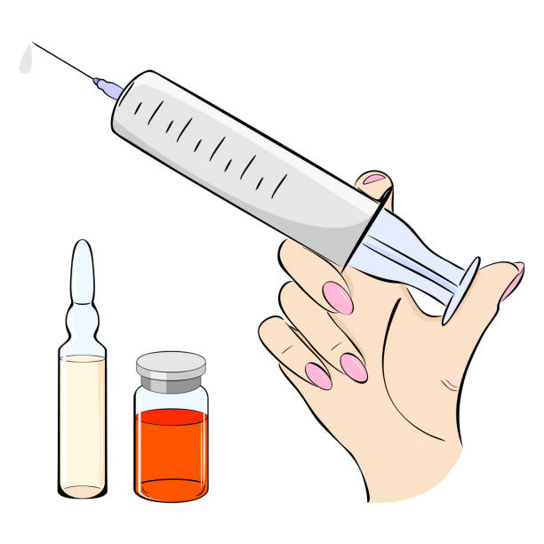 Syringe with medicine in a woman's hand Syringe in hand. A female hand holds an injection. Medicine in ampoules and syringe. Botox, vaccine, antibiotic botox bottle stock illustrations