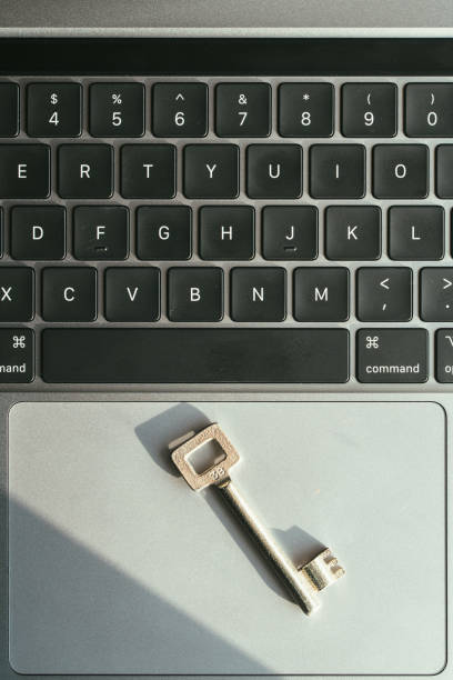 istock Lock on laptop as computer protection and cyber safety concept. Private data protection from hacker malware. Unsafe bad password 1345527167