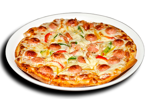 A white plate of italian sausage cheese pizza cut out white background