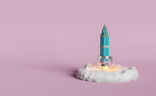 pencil rocket taking off with a cloud of smoke underneath