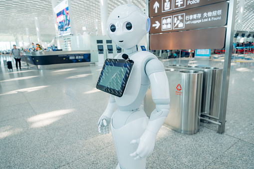 Shenzhen, China - October 25, 2019: Information Robot at the Shenzhen Bao'an International Airport.