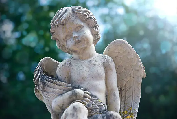 Image of an yound and sad Angel sitting on a pillar in front of a forest.