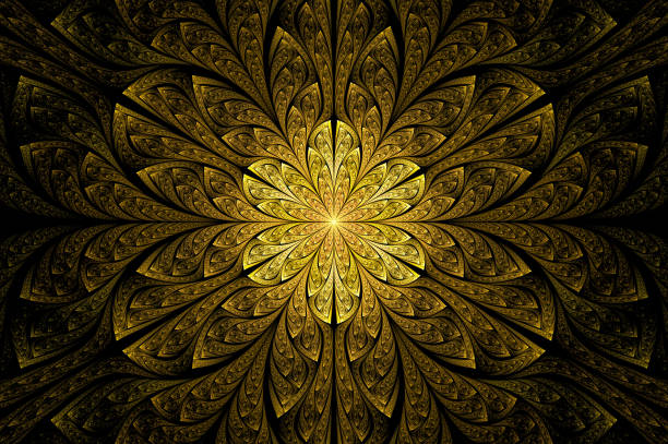 ilustración abstracta generada por computadora hermoso patrón fractal de pared de flores doradas, fondo de dise�ño de caleidoscopio, concepto abstracto mandala caleidoscópico creativo diseño gráfico inimitable - fractal concentric light abstract fotografías e imágenes de stock