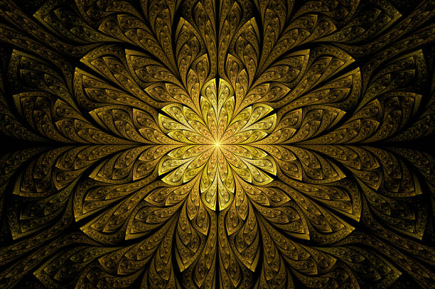 istock Computer generated abstract illustration Beautiful fractal Golden flower wall  pattern, Kaleidoscope design background, Abstract Concept Unique Mandala Kaleidoscopic creative inimitable graphic design 1345533353